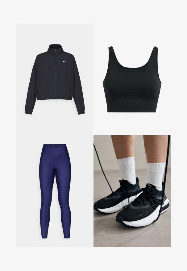 Zwarte zip-up jas met een hoge kraag, elastische manchetten en zoom. Beschikt over een soepele textuur en een klein wit logo op de borst.; Zwarte sportbh van gladde stof, met een ronde hals, brede bandjes en een naadloos ontwerp met een gebogen zoom.; Marineblauwe hoge taille legging van soepel, elastisch materiaal met een gestikt ontwerp, dat een slanke, nauwsluitende silhouet van taille tot enkel biedt.; Zwarte sportschoenen van gestructureerde stof, met een witte zool en zwarte veters. Draag ze met witte geribde sokken, staand op een lichte ondergrond.