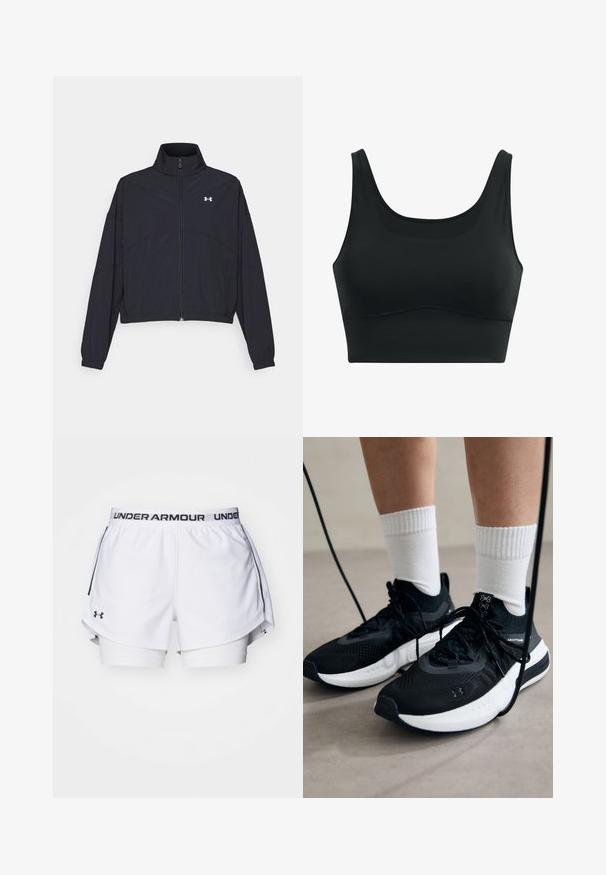 Schwarze Jacke mit Reißverschluss und hohem Kragen, elastischen Bündchen und Saum. Sie hat eine glatte Textur und ein kleines weißes Logo auf der Brust.; Schwarzer Sport-BH aus glattem Stoff, mit Rundhalsausschnitt, breiten Trägern und nahtlosem Design mit abgerundetem Saum.; Weiße Sportshorts mit schwarzem Under Armour-Logo am Bund. Bietet ein geschichtetes Design mit einer inneren Fütterung und seitlichen Schlitzen für mehr Bewegungsfreiheit.; Schwarze Sportschuhe aus strukturiertem Stoff, mit weißer Sohle und schwarzen Schnürsenkeln. Tragen mit weißen gerippten Socken, stehen auf einer hellen Fläche.
