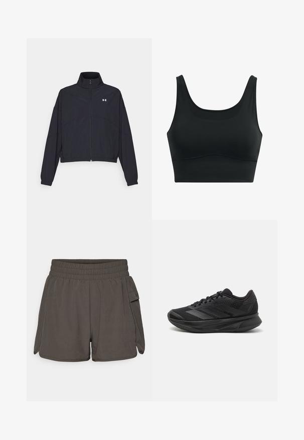 Black zip-up jacket with a high collar, elastic cuffs, and hem. Features a smooth texture and a small white logo on the chest.; Black sports bra made of smooth fabric, featuring a scoop neck, wide straps, and seamless design with a curved hemline.; Dark gray athletic shorts with an elastic waistband, featuring side pockets and a lightweight, smooth fabric. Short length with a relaxed fit.; Black running shoe with a breathable mesh upper, rounded toe, sleek design, textured accents, and a cushioned sole for comfort.