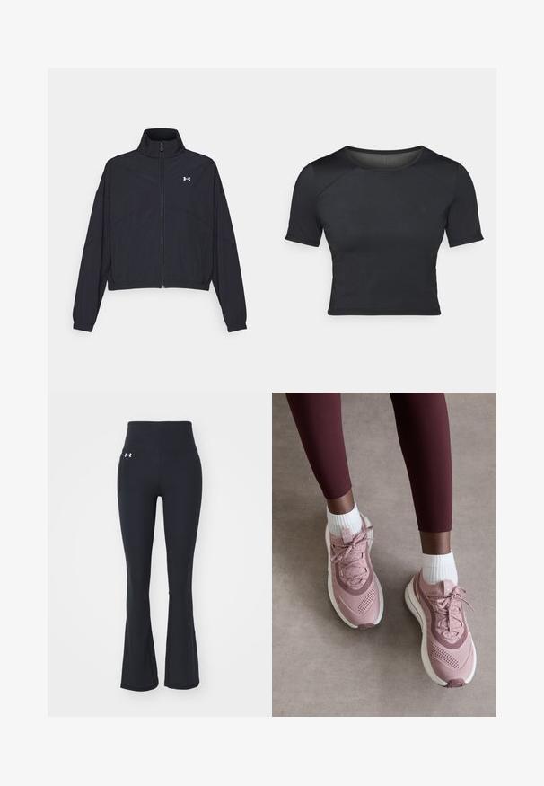 Black zip-up jacket with a high collar, elastic cuffs, and hem. Features a smooth texture and a small white logo on the chest.; Black short-sleeve crop top made of smooth, stretchy fabric with a round neckline and subtle seam details on the shoulders.; Black flared workout pants made of a stretchy material, featuring a high waistband and a side pocket. Logo is positioned on the front.; Light pink athletic shoes with textured mesh upper, lace closure, and white sole. Worn with white crew socks, paired with burgundy leggings.