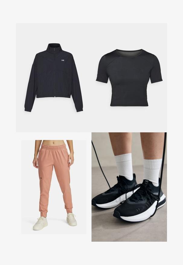 Chaqueta negra con cremallera y cuello alto, con puños y dobladillo elásticos. Presenta una textura suave y un pequeño logo blanco en el pecho.; Top corto negro de manga corta, hecho de una tela suave y elástica, con escote redondo y sutiles detalles de costura en los hombros.; Pantalones deportivos rosas con una cinturilla elástica, diseño de pierna ajustada, costuras tonal y un pequeño logo negro en el muslo izquierdo.; Zapatillas deportivas negras con tela texturizada, suela blanca y cordones negros. Llevadas con calcetines blancos de canalé, de pie sobre una superficie clara.
