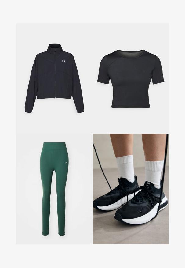 Veste noire zippée avec un col montant, des poignets et un ourlet élastiques. Presentant une texture lisse et un petit logo blanc sur la poitrine.; Crop top noir à manches courtes fabriqué en tissu lisse et extensible, avec un col rond et de subtiles détails de coutures au niveau des épaules.; Leggings verts avec une texture lisse, taille haute et un discret logo à l'avant. Design ajusté et couverture pleine longueur.; Chaussures de sport noires en tissu texturé, avec une semelle blanche et des lacets noirs. Portées avec des chaussettes blanches côtelées, debout sur une surface claire.