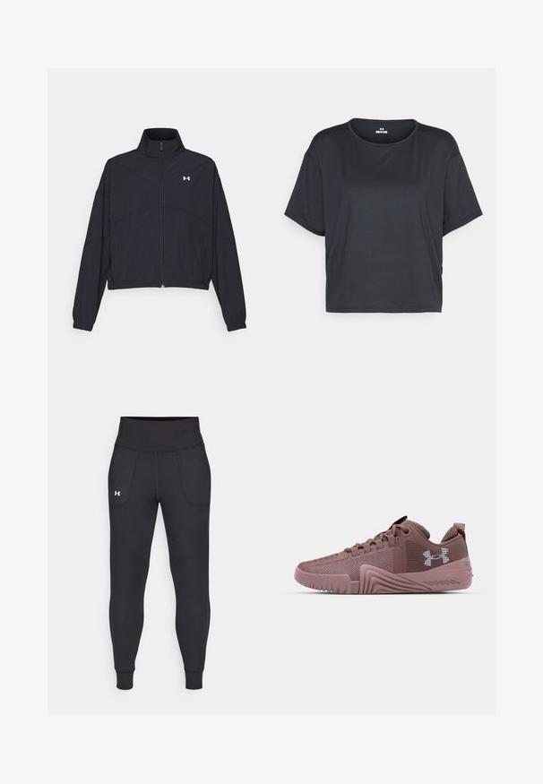 Črna jakna na zadrgo z visokim ovratnikom, elastičnimi manšetami in robom. Ima gladko teksturo in majhen bel logotip na prsih.; Črna kratkosleeve usnjena majica, ki ima okroglo izrez in mehak, gladek tekstil. Brez vidnih vzorcev ali dodatkov.; Črne atletske legice iz raztegljivega materiala, ki imajo visok pas, stranske žepke in tesne manšete pri gležnjih.; Temno rožnate športne čevlje z teksturirano mrežasto zgornjim delom, gumijastim podplatom in izrazitim profilom za oprijem; vsebujejo znak na strani in oblazinjen ovratnik.