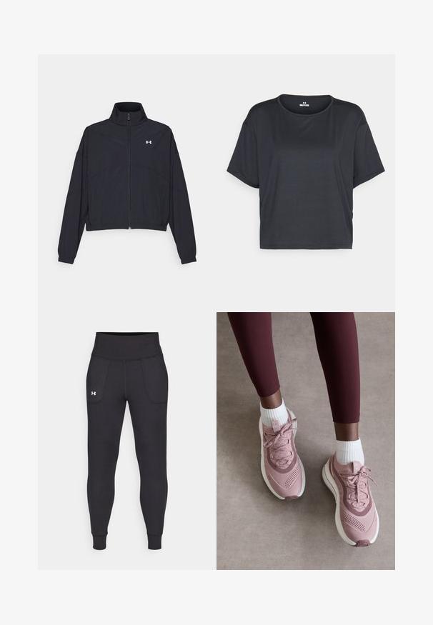 Sort zip-jakke med høj krave, elastiske manchetter og kant. Har en glat tekstur og et lille hvidt logo på brystet.; Sort kortærmet cropped t-shirt med rund halsudskæring og blød, glat stofstruktur. Ingen synlige mønstre eller hardware.; Sorte atletiske leggings lavet af strækbart materiale, med høj talje, sidelommer og tætsiddende manchetter ved anklerne.; Lyserøde atletiske sko med tekstureret mesh-overdel, snørelukning og hvid sål. Båret med hvide ankelstrømper, sammen med bordeaux leggings.