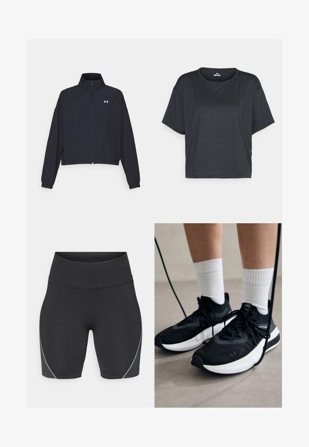 Črna jakna na zadrgo z visokim ovratnikom, elastičnimi manšetami in robom. Ima gladko teksturo in majhen bel logotip na prsih.; Črna kratkosleeve usnjena majica, ki ima okroglo izrez in mehak, gladek tekstil. Brez vidnih vzorcev ali dodatkov.; Črne atletske kratke hlače z visokim pasom, narejene iz raztegljive tkanine. Imajo eleganten dizajn in subtilne sive stripe ob straneh.; Črne športne čevlje z strukturirano tkanino, belo podplatom in črnimi vezalkami. Nosi se z belimi rebrastimi nogavicami, stoje na svetli površini.