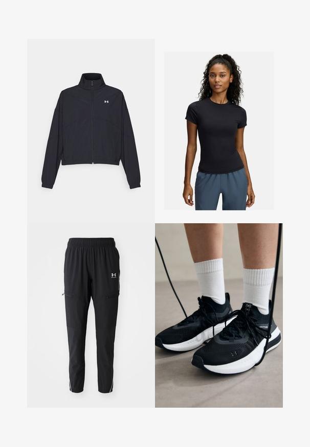 Black zip-up jacket with a high collar, elastic cuffs, and hem. Features a smooth texture and a small white logo on the chest.; Black short-sleeve athletic t-shirt made of stretchy fabric, featuring a round neckline and a fitted design, paired with gray athletic pants.; Black athletic pants with an elastic waistband, side pockets with zippers, and contrasting white stripes along the sides. Lightweight material.; Black athletic shoes with textured fabric, white sole, and black laces. Worn with white ribbed socks, standing on a light surface.