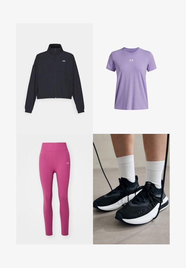 Veste noire zippée avec un col montant, des poignets et un ourlet élastiques. Presentant une texture lisse et un petit logo blanc sur la poitrine.; T-shirt en coton lilas avec des manches courtes, col rond et logo blanc sur la poitrine. Texture douce et coupe décontractée.; Leggings ajustés taille haute en tissu rose vif. Présente une texture lisse, des coutures renforcées et un petit logo blanc sur la ceinture.; Chaussures de sport noires en tissu texturé, avec une semelle blanche et des lacets noirs. Portées avec des chaussettes blanches côtelées, debout sur une surface claire.