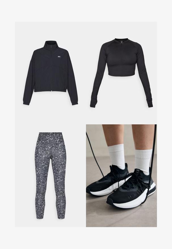 Giacca nera con zip e colletto alto, polsini e orlo elastici. Presenta una texture liscia e un piccolo logo bianco sul petto.; Top nero a maniche lunghe cropped con collo alto e zip frontale, realizzato in tessuto liscio ed elasticizzato; design aderente con maniche raglan.; Leggings a vita alta in un motivo mimetico grigio, realizzati in un tessuto elastico e morbido, progettati per comfort e mobilità.; Scarpe sportive nere con tessuto testurizzato, suola bianca e lacci neri. Indossate con calzini bianchi a costine, in piedi su una superficie chiara.