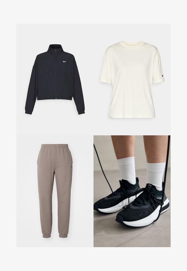 Schwarze Jacke mit Reißverschluss und hohem Kragen, elastischen Bündchen und Saum. Sie hat eine glatte Textur und ein kleines weißes Logo auf der Brust.; C kremfarbener Kurzarm-T-Shirt, aus weichem Baumwollmaterial, mit Rundhalsausschnitt und kleinem Logo-Detail auf der Brust und dem Ärmel.; Braune Sweatpants aus einem weichen Stoff, mit einem elastischen Bund, Bündchen am Saum und seitlichen Taschen. Dezente Markenkennzeichnung am Oberschenkel.; Schwarze Sportschuhe aus strukturiertem Stoff, mit weißer Sohle und schwarzen Schnürsenkeln. Tragen mit weißen gerippten Socken, stehen auf einer hellen Fläche.