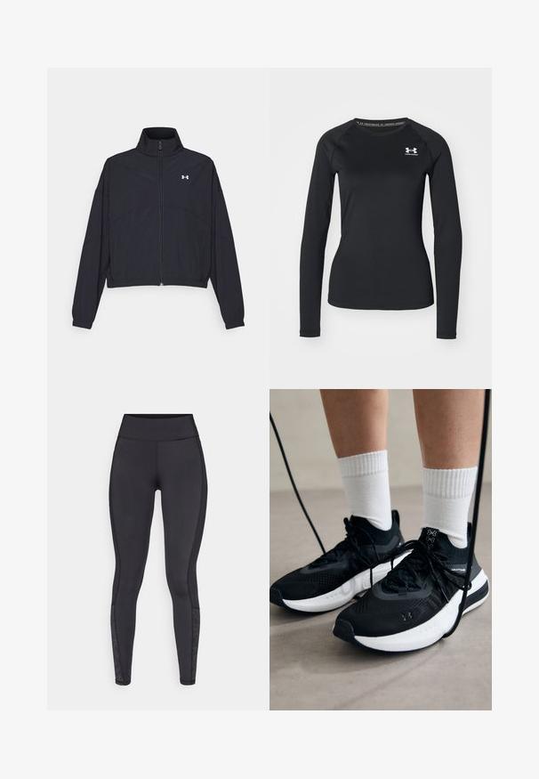 Schwarze Jacke mit Reißverschluss und hohem Kragen, elastischen Bündchen und Saum. Sie hat eine glatte Textur und ein kleines weißes Logo auf der Brust.; Schwarzes langärmliges Sportshirt aus glattem Material, mit Rundhalsausschnitt und einem kleinen weißen Logo auf der linken Brust.; Schwarze Leggings aus dehnbarem Material. Hoher Bund, glatte Textur, mit gemusterten Akzenten am Unterschenkel.; Schwarze Sportschuhe aus strukturiertem Stoff, mit weißer Sohle und schwarzen Schnürsenkeln. Tragen mit weißen gerippten Socken, stehen auf einer hellen Fläche.