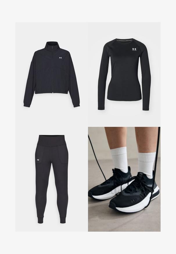 Juodas užtrauktuku užsegamas džemperis su aukštu apykaklės kraštu, elastingomis rankogaliais ir apačia. Pasižymi lygiu tekstūru ir mažuoju baltu logotipu ant krūtinės.; Juoda ilgarankovė sportinė marškinėlė, pagaminta iš lygaus audinio, su apvaliu kaklu ir maža balta logotipu kairėje krūtinės pusėje.; Juodos sportinės leginsai, pagaminti iš tamprių medžiagų, su aukštu juosmeniu, šoninėmis kišenėmis ir priglundančiomis blauzdų manžetėmis.; Juodi sportiniai batai su tekstūruotu audiniu, balta padu ir juodais raiščiais. Dėvimi su baltais raištiniais kojiniais, stovint lengvame paviršiuje.
