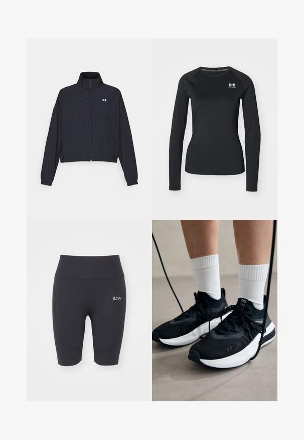 Černá zipová bunda s vysokým límcem, elastickými manžetami a lemem. Má hladkou texturu a malé bílé logo na hrudi.; Černé sportovní tričko s dlouhým rukávem vyrobené z hladkého materiálu, s kulatým výstřihem a malým bílým logem na levém prsu.; ICANIWILL SOFT SEAMLESS BIKER SHORTS - Punčochy - black; Černé sportovní boty s texturovanou tkaninou, bílou podrážkou a černými tkaničkami. Nosené s bílými žebrovanými ponožkami, stojící na světlém povrchu.
