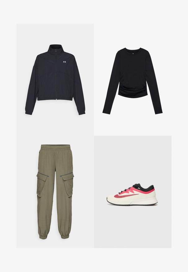 Svart zip-up jacka med hög krage, elastiska ärmslut och fåll. Har en slät textur och en liten vit logotyp på bröstet.; Svart långärmad topp med rund halsringning och rynkad detaljer på sidorna, visad mot en enkel vit bakgrund.; Olivgröna cargo-byxor med elastisk midja, med två sidofickor och två stora cargofickor. Slät tyg med elastiska muddar.; Löparskor med en cremefärgad ovandel, röda och svarta accenter samt strukturerad yta. Har svarta snören och en vadderad sula för komfort.