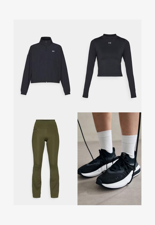 Melnā zipa jakā ar augstu apkakli, elastīgām piedurknēm un apakšmalu. Tai ir gluda tekstūra un neliels balts logo uz krūšu daļas.; Melna garo piedurkņu apgrieztais tops, kas izgatavots no gludas, elastīgas auduma, ar augstu dekoltē un mazu atstarojamu logotipu krūtīs.; Olīvzaļas legingi ar augstu jostasvietu, izgatavoti no elastīgas auduma. Satur sānu kabatu un plakanām šuvēm komfortam un elastībai.; Melni sporta apavi ar strukturētu audumu, balta zole un melni šņores. Valkāti ar baltām ribotām zeķēm, stāvot uz gaišas virsmas.