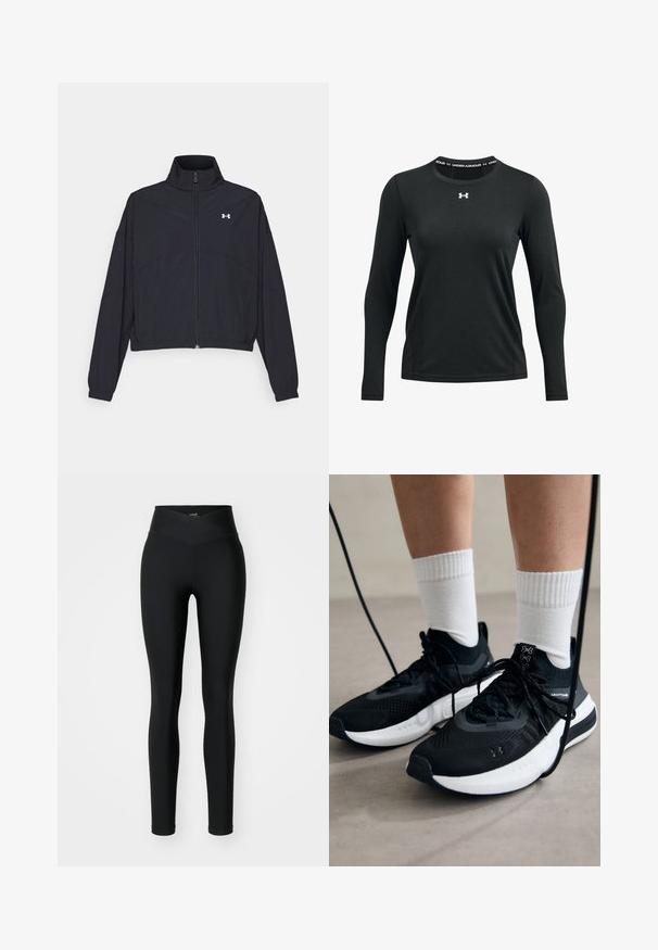Melnā zipa jakā ar augstu apkakli, elastīgām piedurknēm un apakšmalu. Tai ir gluda tekstūra un neliels balts logo uz krūšu daļas.; Melna garām piedurknēm sporta krekls, kas izgatavots no gludas auduma. Tam ir apaļš kakla izgriezums ar Under Armour logotipu, kas izdrukāts apkaklē.; Melni legingi, izgatavoti no elastīga auduma, ar augstu, krustveida jostas daļu un pieguļošu dizainu. Gluda tekstūra bez redzamām rakstām vai akcentiem.; Melni sporta apavi ar strukturētu audumu, balta zole un melni šņores. Valkāti ar baltām ribotām zeķēm, stāvot uz gaišas virsmas.