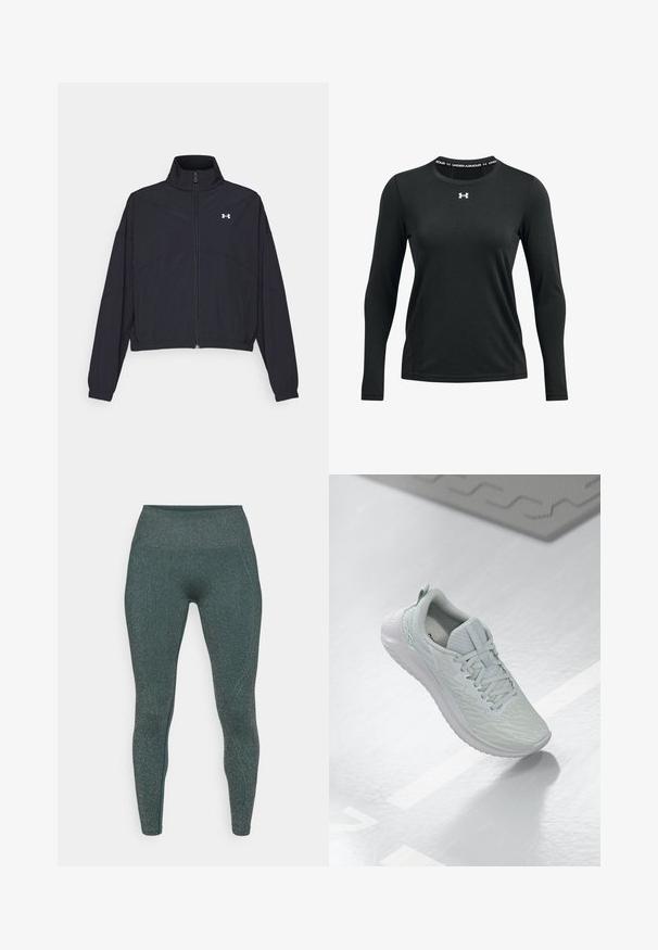 Chaqueta negra con cremallera y cuello alto, con puños y dobladillo elásticos. Presenta una textura suave y un pequeño logo blanco en el pecho.; Camiseta deportiva de manga larga negra, hecha de un tejido suave. Presenta un escote redondo con un logo de Under Armour impreso en el cuello.; Leggings en azul oscuro metálico con brillo. Diseño de cintura alta, textura suave y ajuste ceñido al cuerpo. Sin costuras ni patrones visibles.; Zapatilla deportiva gris claro con parte superior de malla texturizada, diseño de cordones, suela acolchada y un mínimo detalle de marca.
