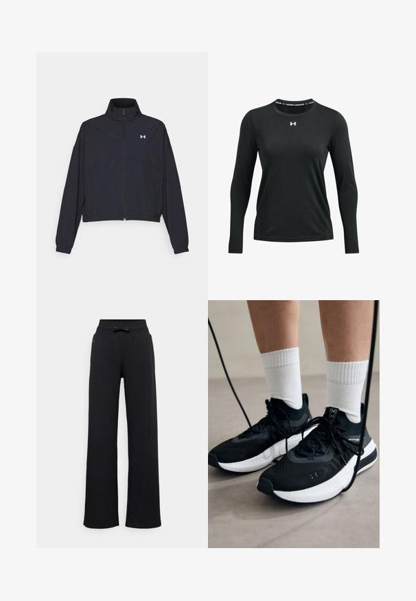Zwarte zip-up jas met een hoge kraag, elastische manchetten en zoom. Beschikt over een soepele textuur en een klein wit logo op de borst.; Zwart sportshirt met lange mouwen van gladde stof. Heeft een ronde halslijn met een Under Armour-logo gedrukt op de kraag.; Zwarte joggingbroek met een wijdvallend ontwerp, elastische tailleband en een strikaccent. Gladde textuur zonder zichtbare patronen of metalen onderdelen.; Zwarte sportschoenen van gestructureerde stof, met een witte zool en zwarte veters. Draag ze met witte geribde sokken, staand op een lichte ondergrond.