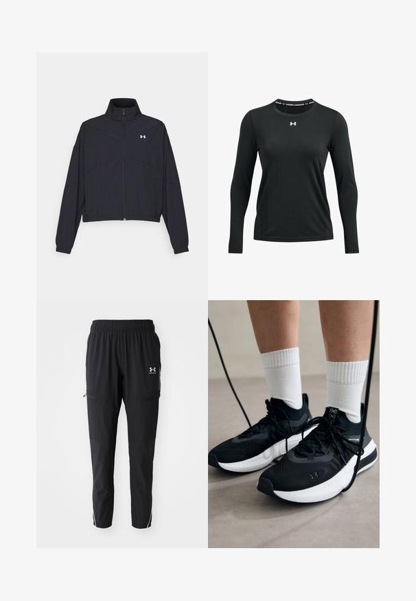 Schwarze Jacke mit Reißverschluss und hohem Kragen, elastischen Bündchen und Saum. Sie hat eine glatte Textur und ein kleines weißes Logo auf der Brust.; Schwarz-langärmliges Sportshirt aus glattem Stoff. Verfügt über einen Rundhalsausschnitt mit einem aufgedruckten Under Armour-Logo am Kragen.; Schwarze Sporthose mit elastischem Bund, seitlichen Taschen mit Reißverschlüssen und kontrastierenden weißen Streifen an den Seiten. Leichtes Material.; Schwarze Sportschuhe aus strukturiertem Stoff, mit weißer Sohle und schwarzen Schnürsenkeln. Tragen mit weißen gerippten Socken, stehen auf einer hellen Fläche.