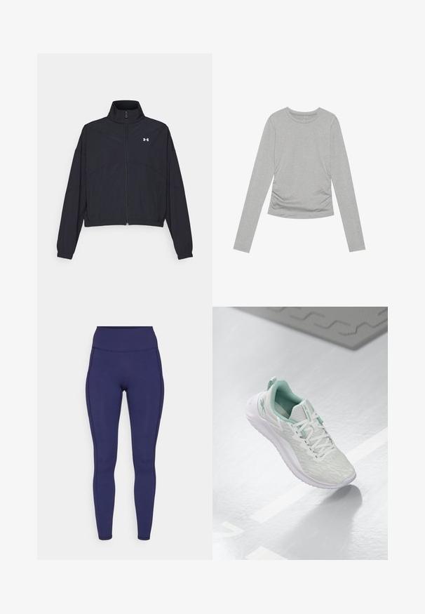 Black zip-up jacket with a high collar, elastic cuffs, and hem. Features a smooth texture and a small white logo on the chest.; Gray long-sleeve shirt made of soft material, featuring a simple round neckline and gathered detailing on the sides.; Navy high-waisted leggings made of stretchy fabric. Features flat seams and a close fit, with two side pockets for storage.; Light gray athletic shoe with a textured knit upper, mint green accents, white laces, rubber sole, and pull tab at the heel.