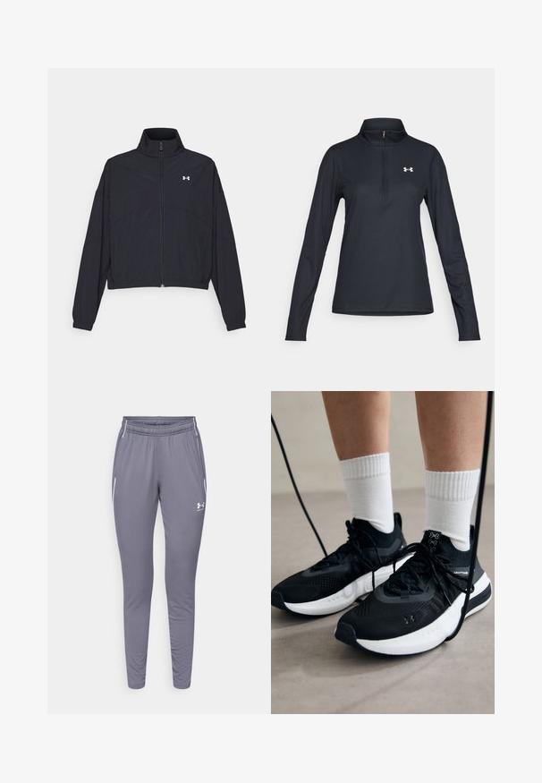 Juodas užtrauktuku užsegamas džemperis su aukštu apykaklės kraštu, elastingomis rankogaliais ir apačia. Pasižymi lygiu tekstūru ir mažuoju baltu logotipu ant krūtinės.; Juodas ilgomis rankovėmis megztinis su ketvirčio užtrauktuku, tekstūruotas audinys, siauras kirpimas ir baltas logotipas kairėje krūtinės pusėje.; Pilkos sportinės kelnės, priglundančios prie kūno, pagamintos iš lygaus audinio. Turi elastingą juosmenį ir dvi šonines kišenes su baltomis detalėmis.; Juodi sportiniai batai su tekstūruotu audiniu, balta padu ir juodais raiščiais. Dėvimi su baltais raištiniais kojiniais, stovint lengvame paviršiuje.