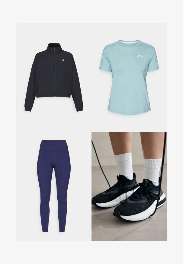 Sort zip-jakke med høj krave, elastiske manchetter og kant. Har en glat tekstur og et lille hvidt logo på brystet.; Lys blå kortærmet t-shirt lavet af blødt stof, med rund halsudskæring og et lille hvidt logo på brystet. Synlige sømdetaljer.; Marineblå højtaljede leggings lavet af strækbart stof. Har flade sømme og en tæt pasform, med to sidelommer til opbevaring.; Sorte sportssko med tekstureret stof, hvid sål og sorte snørebånd. Båret med hvide ribbede sokker, stående på en lys overflade.