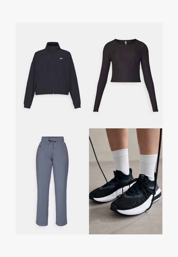 Zwarte zip-up jas met een hoge kraag, elastische manchetten en zoom. Beschikt over een soepele textuur en een klein wit logo op de borst.; Zwart cropped top met lange mouwen, gemaakt van ribbelstof. Heeft een ronde halslijn en een getailleerde pasvorm met een gestructureerd oppervlak.; Grijze joggingbroek van zacht materiaal, met een elastische tailleband, koord en een logo op de zijkant. Rechtermode ontwerp.; Zwarte sportschoenen van gestructureerde stof, met een witte zool en zwarte veters. Draag ze met witte geribde sokken, staand op een lichte ondergrond.