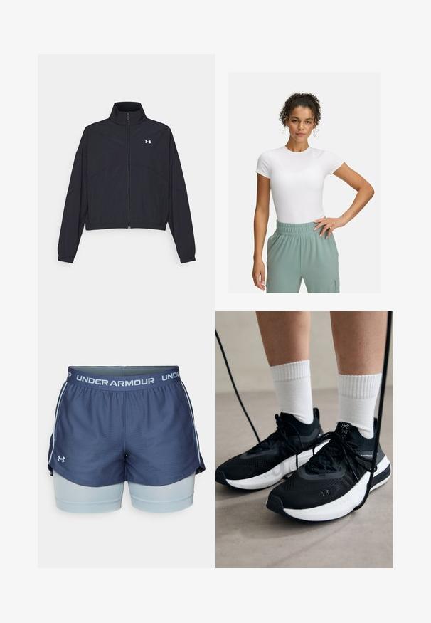 Zwarte zip-up jas met een hoge kraag, elastische manchetten en zoom. Beschikt over een soepele textuur en een klein wit logo op de borst.; Witte fitted t-shirt met korte mouwen, gecombineerd met lichtgroene broek met elastische tailleband. Gladde textuur, minimalistisch ontwerp en geen zichtbare patronen.; Marineblauwe shorts met lichtblauwe binnenbroekjes. Voorzien van een elastische tailleband met "Under Armour"-branding en een zijsplit voor bewegingsvrijheid. Gladde textuur.; Zwarte sportschoenen van gestructureerde stof, met een witte zool en zwarte veters. Draag ze met witte geribde sokken, staand op een lichte ondergrond.