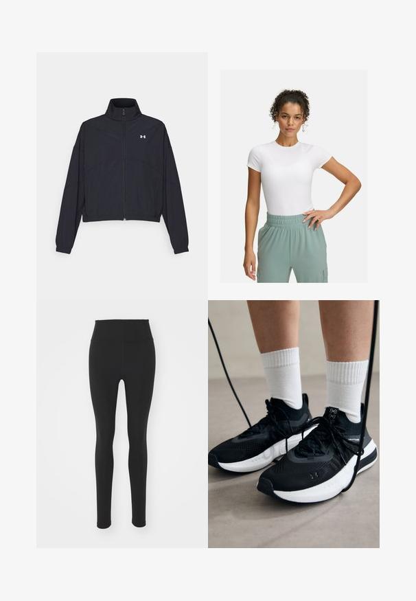 Must Musta tõmblukuga jakk, millel on kõrge krae, elastsed mansetid ja alläär. Omab sujuvat tekstuuri ja rinnal väikest valget logo.; Valge lühikeste varrukatega T-särk, millel on sobiv lõige, kombineeritud helesiniste elastsete vöökohtpükstega. Sile tekstuur, minimalistlik disain ja nähtavaid mustreid pole.; Mustad kõrge vöökohtadega leggingsid, mis on valmistatud venivast materjalist, sujuva tekstuuri ja keha lähedase disainiga, ulatudes pahkluu pikkuseni, ilma mustriteta.; Mustad mustad jalanõud tekstuuritud kangast, valge tallaga ja mustade paeltega. Kanna valgete soonikkudega sokkide sisse, seistes helesinisel pinnal.