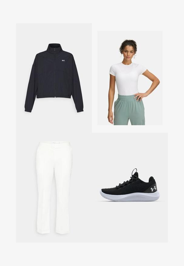 Must Musta tõmblukuga jakk, millel on kõrge krae, elastsed mansetid ja alläär. Omab sujuvat tekstuuri ja rinnal väikest valget logo.; Valge lühikeste varrukatega T-särk, millel on sobiv lõige, kombineeritud helesiniste elastsete vöökohtpükstega. Sile tekstuur, minimalistlik disain ja nähtavaid mustreid pole.; Valged sirged püksid lapiku vöökoha ja peente voldiDETAILIDEGA, ilma nähtavate taskuteta. Sile tekstuur, klassikaline disain.; Mustad mustren pruunid sportlikud kingad, millel on hingav võrgust pealis, tekstuuriga detailid ja valgest kummist talla. Omavad lapikuid paelu ja kandmismehhanismi.