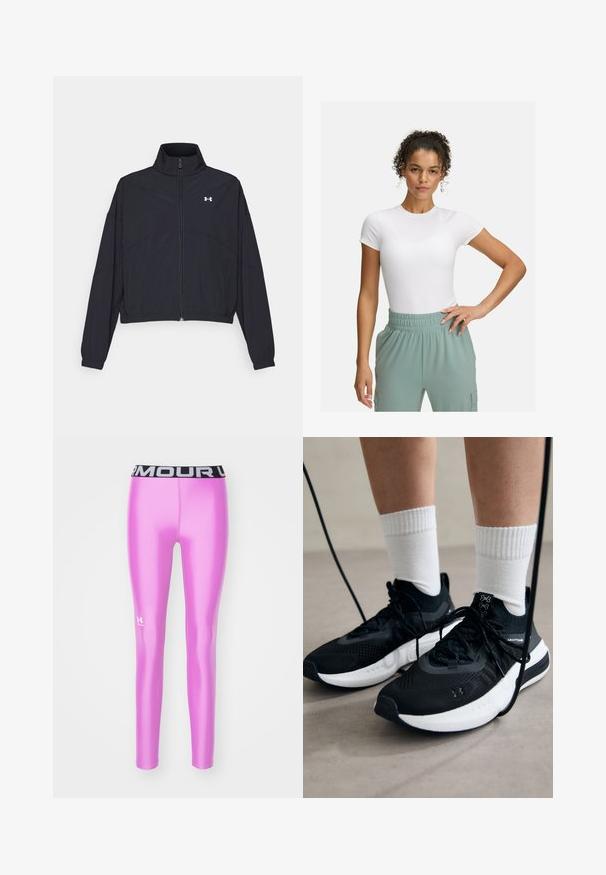 Sort zip-jakke med høj krave, elastiske manchetter og kant. Har en glat tekstur og et lille hvidt logo på brystet.; Hvid tætsiddende t-shirt med korte ærmer, parret med lys grønne bukser med elastisk talje. Glat tekstur, minimalistisk design og ingen synlige mønstre.; Lyserøde træningsleggings med en blank finish, der har en sort talje med logoet trykt i hvidt på den nederste venstre ben.; Sorte sportssko med tekstureret stof, hvid sål og sorte snørebånd. Båret med hvide ribbede sokker, stående på en lys overflade.