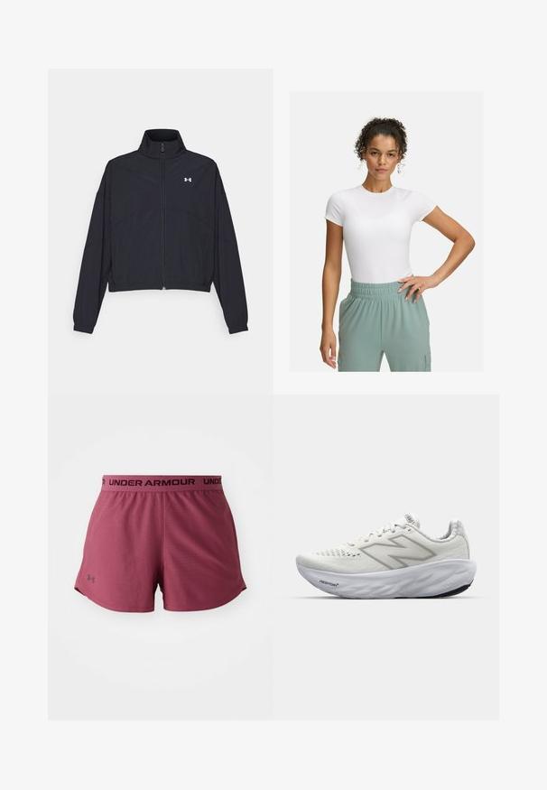 Sort zip-jakke med høj krave, elastiske manchetter og kant. Har en glat tekstur og et lille hvidt logo på brystet.; Hvid tætsiddende t-shirt med korte ærmer, parret med lys grønne bukser med elastisk talje. Glat tekstur, minimalistisk design og ingen synlige mønstre.; Bordeaux atletiske shorts med en glat tekstur, der har et sort elastisk taljebånd med "UNDER ARMOUR" logo. Sideslids design for fleksibilitet.; Hvide sportssko med en mesh-overdel, der har en polstret krave, struktureret sål og "Fresh Foam" branding på mellemsålen.