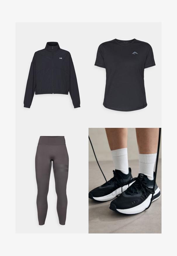 Musta vetoketjullinen takki korkealla kauluksessa, joustavat hihat ja helma. Ominaisuuksiin kuuluu sileä rakenne ja pieni valkoinen logo rinnassa.; Musta lyhythihainen urheilupaita, jossa on pyöreä kaula-aukko, sileä kangas ja heijastava sininen logo vasemmassa rinnassa. Ompeleet reunassa.; Korkeavyötäröiset, vartalonmyötäiset legginsit tummanharmaasta kankaasta. Vasemmassa reidessä on tekstuuriset raidat. Pehmeä ja joustava materiaali.; Mustat urheilukengät, joissa on teksturoitua kangasta, valkoiset pohjat ja mustat nauhat. Yhdistetty valkoisten urheilusukkien kanssa, seisten vaalealla pinnalla.