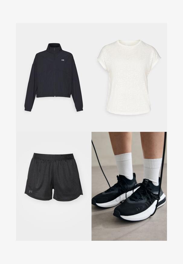 Black zip-up jacket with a high collar, elastic cuffs, and hem. Features a smooth texture and a small white logo on the chest.; White short-sleeve t-shirt featuring a textured floral pattern, round neckline, and relaxed fit. Made from soft, lightweight fabric.; Black athletic shorts with a textured fabric, elastic waistband, and a small Under Armour logo in dark gray on the lower left side.; Black athletic shoes with textured fabric, white sole, and black laces. Worn with white ribbed socks, standing on a light surface.
