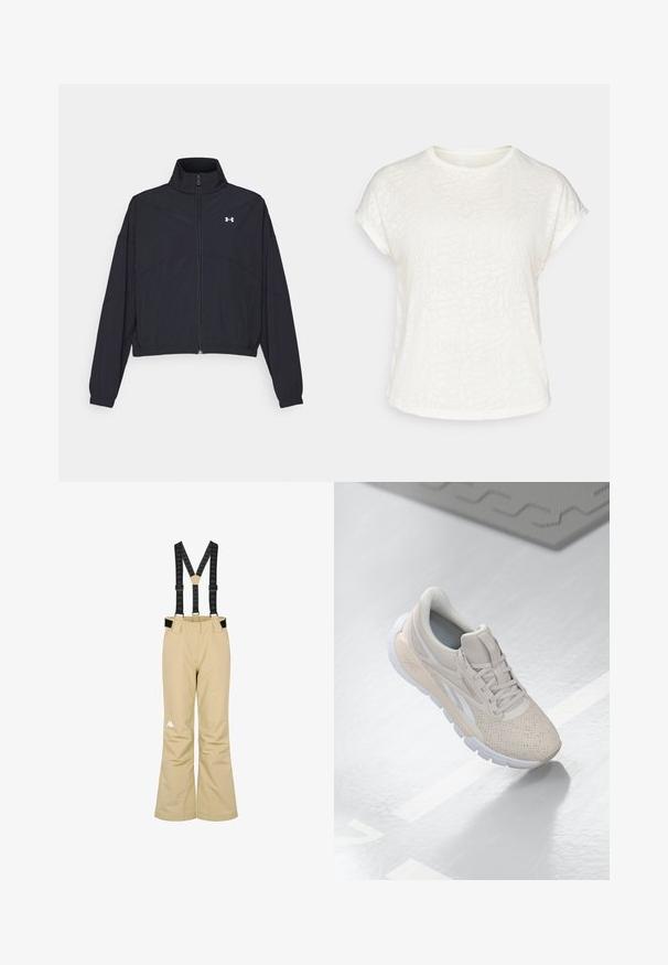 Svart zip-up jakke med høy krage, elastiske mansjetter og hem. Har en glatt tekstur og en liten hvit logo på brystet.; Hvit t-skjorte med korte ermer som har et teksturert blomstermønster, rund hals og avslappet passform. Laget av myk, lett stoff.; Beige skibukser med svarte justerbare seler og en hvit logo på nederste venstre ben, designet for vintersport.; Lys beige treningssko med perforert overdel, teksturerte detaljer, polstret krage og hvit gummisåle, designet for komfort og pusteegenskaper.