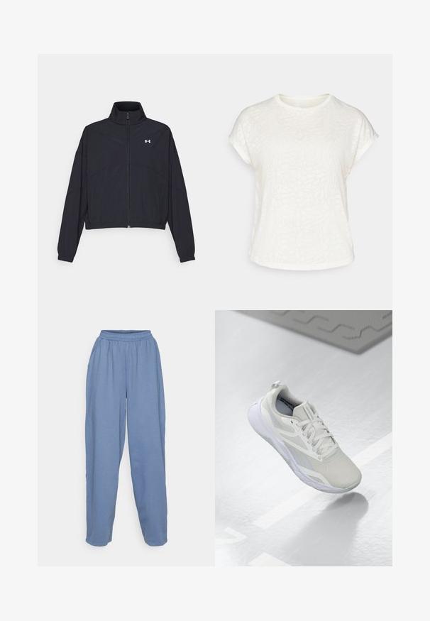 Black zip-up jacket with a high collar, elastic cuffs, and hem. Features a smooth texture and a small white logo on the chest.; White short-sleeve t-shirt featuring a textured floral pattern, round neckline, and relaxed fit. Made from soft, lightweight fabric.; ONLY Play ONPBOB WIDE BRUSH - Tracksuit bottoms - vintage indigo; White athletic shoe with a mesh upper, padded tongue, and a white rubber sole. Notable accents include light gray detailing and pull tab.