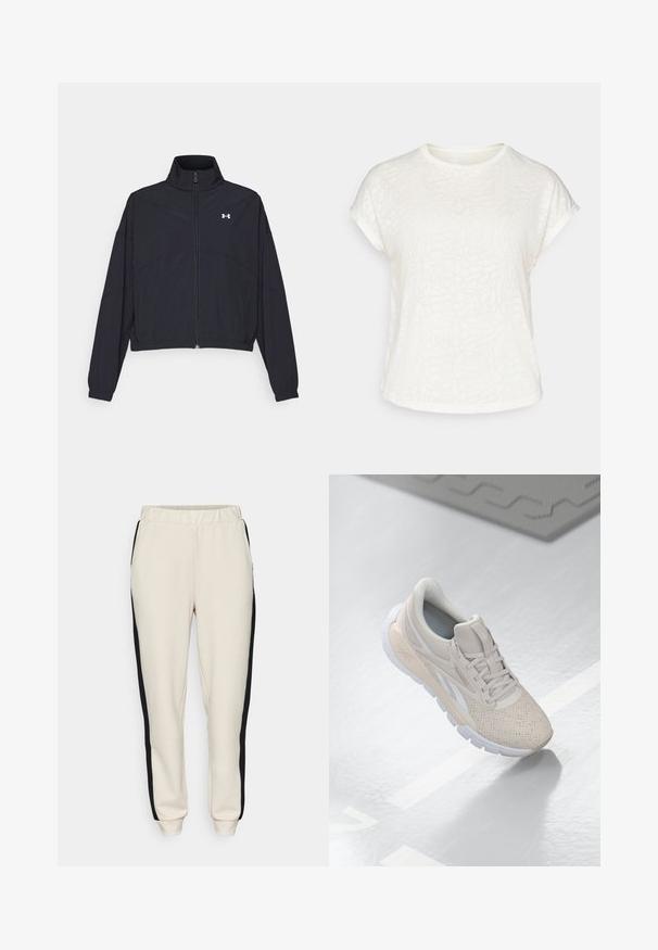 Juodas užtrauktuku užsegamas džemperis su aukštu apykaklės kraštu, elastingomis rankogaliais ir apačia. Pasižymi lygiu tekstūru ir mažuoju baltu logotipu ant krūtinės.; Balta trumpų rankovių marškinėliai su tekstūruotu gėlių raštu, apvaliu iškirpimu ir laisvu siluetu. Pagaminti iš minkštos, lengvos medžiagos.; Smėliniai sportiniai džinsai su juodomis šoninėmis juostelėmis, elastingu juosmeniu ir užrišamais kulkšniais. Pagaminti iš minkštos, tamprios medžiagos, turi šonines kišenes.; Šviesiai smėliniai sportiniai batai su perforuotu viršumi, tekstūruotomis detalėmis, paminkštintu apvadu ir balta guma, sukurti komfortui ir kvėpuojamumui.
