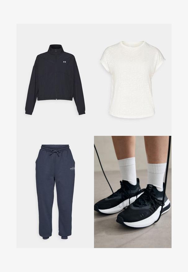 Zwarte zip-up jas met een hoge kraag, elastische manchetten en zoom. Beschikt over een soepele textuur en een klein wit logo op de borst.; Witte t-shirt met korte mouwen, voorzien van een textuur met bloemenpatroon, ronde halslijn en een ontspannen pasvorm. Gemaakt van zachte, lichte stof.; Navy blauwe sweatpants met een elastische tailleband en verstelbare trekkoord. Bevat zijzakken en een minimalistisch gedrukt logo aan de voorkant.; Zwarte sportschoenen van gestructureerde stof, met een witte zool en zwarte veters. Draag ze met witte geribde sokken, staand op een lichte ondergrond.
