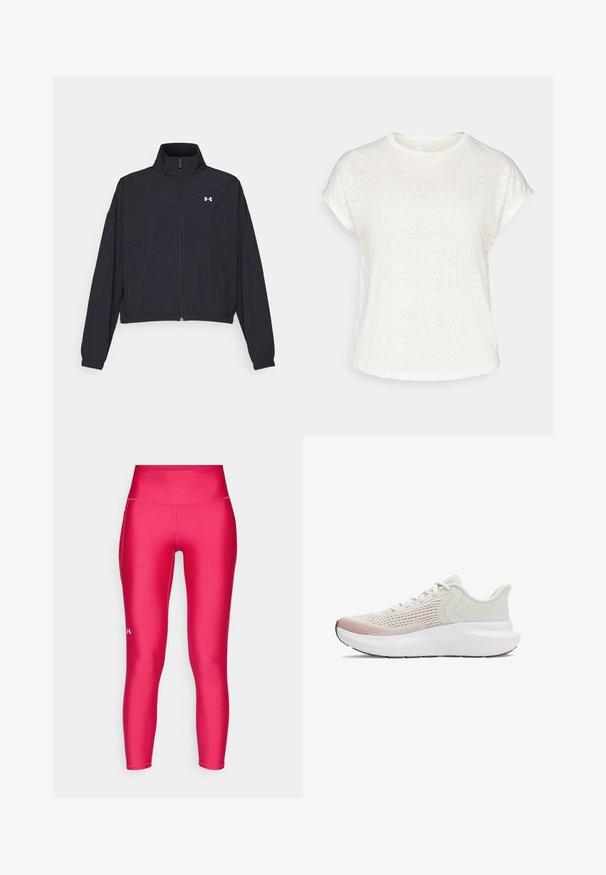 Chaqueta negra con cremallera y cuello alto, con puños y dobladillo elásticos. Presenta una textura suave y un pequeño logo blanco en el pecho.; Camiseta blanca de manga corta con un patrón floral texturizado, cuello redondo y corte relajado. Fabricada en un tejido suave y ligero.; Leggings ajustados en rosa brillante, fabricados con un tejido suave y elástico. Presentan una cinturilla alta y un pequeño logo en blanco en la parte inferior de la pierna.; Zapatillas deportivas ligeras con una parte superior de malla blanca transpirable, acentos en degradado de color rosa y una suela blanca gruesa con detalles texturizados.