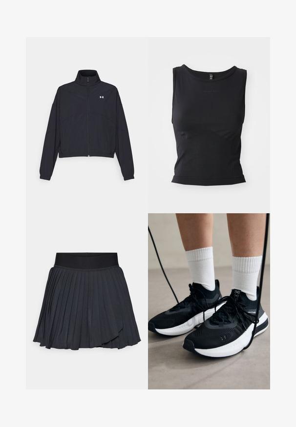 Zwarte zip-up jas met een hoge kraag, elastische manchetten en zoom. Beschikt over een soepele textuur en een klein wit logo op de borst.; Zwart mouwloos sporttop gemaakt van gladde stof, met een ronde halslijn en een getailleerd silhouet met subtiele logo-details.; Zwarte geplooide rok met een brede elastische tailleband, gemaakt van een gladde stof met een subtiele glans, knie-lang met gelaagd ontwerp.; Zwarte sportschoenen van gestructureerde stof, met een witte zool en zwarte veters. Draag ze met witte geribde sokken, staand op een lichte ondergrond.