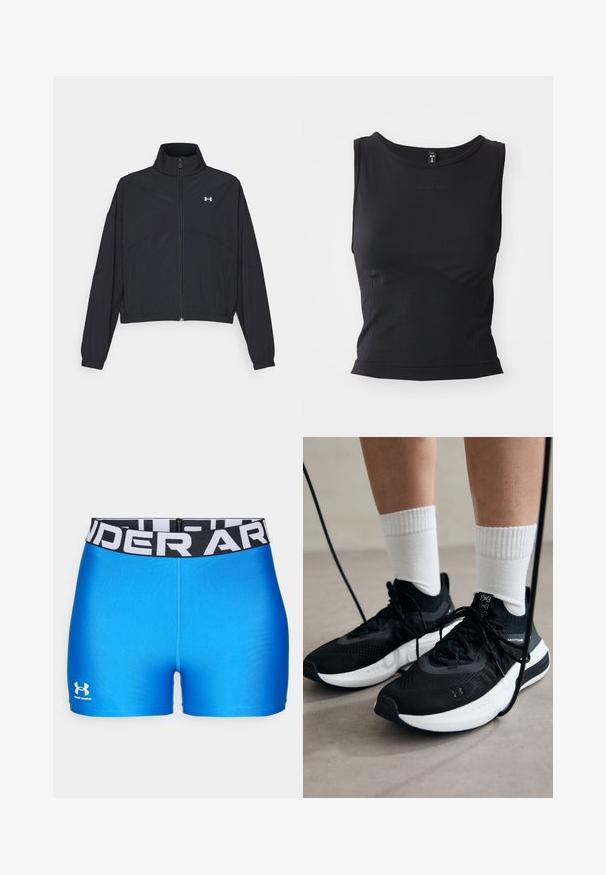 Čierna zipová bunda s vysokým golierom, elastickými manžetami a lemom. Má hladkú textúru a malé biele logo na hrudi.; Čierny športový top bez rukávov vyrobený z hladkej tkaniny, s okrúhlym výstrihom a priliehavým strihom so subtilným logom.; Modré športové šortky s čiernym pásom a bielym textom "UNDER ARMOUR". Hladká textúra, priliehavý strih a logo na leme.; Čierne športové topánky s textúrovanou tkaninou, bielou podrážkou a čiernymi šnúrkami. Nosené s bielymi rebrovanými ponožkami, postavené na svetlom povrchu.