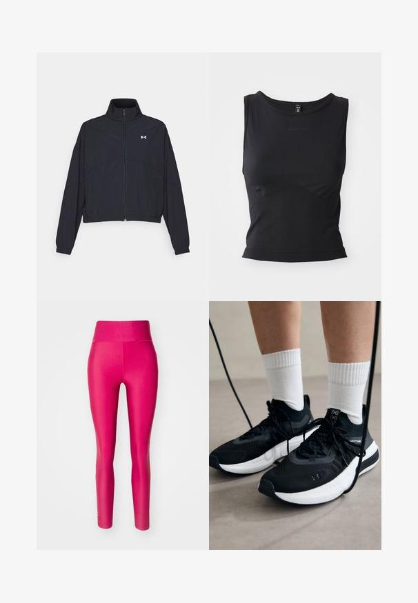 Juodas užtrauktuku užsegamas džemperis su aukštu apykaklės kraštu, elastingomis rankogaliais ir apačia. Pasižymi lygiu tekstūru ir mažuoju baltu logotipu ant krūtinės.; Juodas be rankovių sportinis marškinėlis, pagamintas iš lygaus audinio, su apvaliu iškirpimu ir prigludusia siluetu, su subtiliu logotipo akcentu.; Aukštos juosmens, prigludę leggingai ryškiai rožinės spalvos, pagaminti iš elastingos medžiagos, sukurti komfortui ir lankstumui, be matomų raštų ar metalinių detalių.; Juodi sportiniai batai su tekstūruotu audiniu, balta padu ir juodais raiščiais. Dėvimi su baltais raištiniais kojiniais, stovint lengvame paviršiuje.
