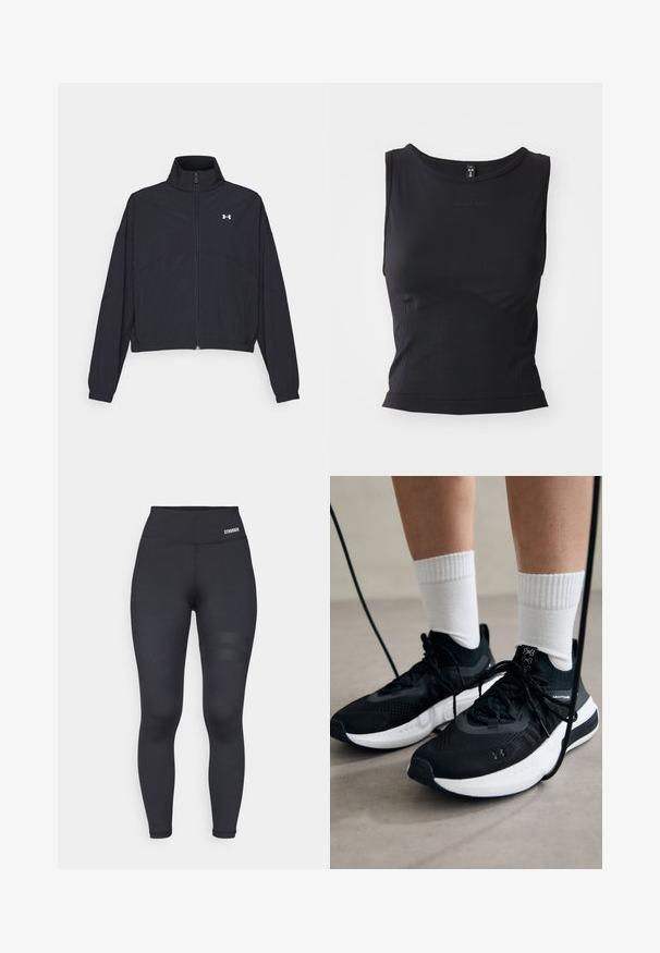 Chaqueta negra con cremallera y cuello alto, con puños y dobladillo elásticos. Presenta una textura suave y un pequeño logo blanco en el pecho.; Camiseta sin mangas negra deportiva, fabricada con tejido suave, que presenta un escote redondeado y una silueta ajustada con un sutil detalle de logo.; Leggings negros de talle alto con una textura suave, que presentan una cinturilla con marca y dos líneas horizontales en el muslo para dar detalle.; Zapatillas deportivas negras con tela texturizada, suela blanca y cordones negros. Llevadas con calcetines blancos de canalé, de pie sobre una superficie clara.