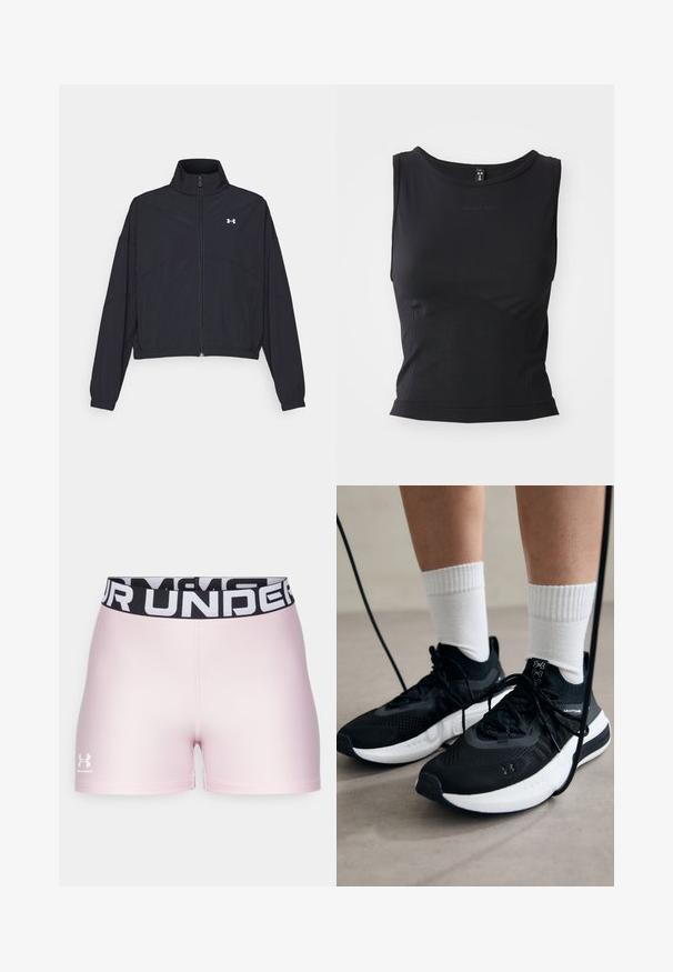 Schwarze Jacke mit Reißverschluss und hohem Kragen, elastischen Bündchen und Saum. Sie hat eine glatte Textur und ein kleines weißes Logo auf der Brust.; Schwarzes ärmelloses Sporttop aus glattem Material, mit rundem Ausschnitt und taillierter Silhouette, ausgestattet mit dezenten Logodetails.; Rosa Sportshorts aus glattem Material mit einem schwarzen elastischen Bund, der weißen "UNDER ARMOUR"-Aufdruck trägt. Logo auf der unteren linken Seite.; Schwarze Sportschuhe aus strukturiertem Stoff, mit weißer Sohle und schwarzen Schnürsenkeln. Tragen mit weißen gerippten Socken, stehen auf einer hellen Fläche.