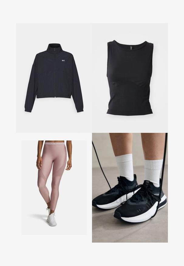 Sort zip-jakke med høj krave, elastiske manchetter og kant. Har en glat tekstur og et lille hvidt logo på brystet.; Sort ærmeløs træningstop lavet af glat stof, med en rund halsudskæring og en tætsiddende silhuet med diskret logo-detalje.; Lyserøde træningsleggings lavet af strækstof. Har en høj talje med hvid branding og teksturerede paneler på siderne.; Sorte sportssko med tekstureret stof, hvid sål og sorte snørebånd. Båret med hvide ribbede sokker, stående på en lys overflade.