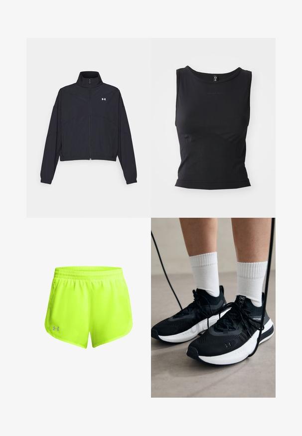 Must Musta tõmblukuga jakk, millel on kõrge krae, elastsed mansetid ja alläär. Omab sujuvat tekstuuri ja rinnal väikest valget logo.; Mustamata ilma varrukat sporditopp, mis on valmistatud siledast kangast, ümarate kaelustega ja keha lähedaselt istuvaga, kusjuures on peenelt logo detail.; Neoonkollased spordilühikesed püksid elastse vöökoha, kerge kanga ja küljetaskutega. Alumises servas on väike hall logo.; Mustad mustad jalanõud tekstuuritud kangast, valge tallaga ja mustade paeltega. Kanna valgete soonikkudega sokkide sisse, seistes helesinisel pinnal.