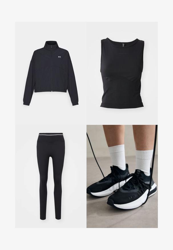 Fekete cipzáras dzseki magas gallérral, elasztikus mandzsettákkal és aljjal. Simaság jellemzi, és egy apró fehér logó található a mellkasán.; Fekete ujjatlan sporttop, sima anyagból készült, kerek nyakkivágással és testhezálló fazonnal, finom logóval díszítve.; Fekete leggings rugalmas anyagból, magas derékkal, a tetején vékony fehér csíkkal. Sima textúra és testhez álló kialakítás.; Fekete sportcipők textúrált anyagból, fehér talppal és fekete fűzőkkel. Fehér bordázott zoknikkal viselve, világos felületen állva.