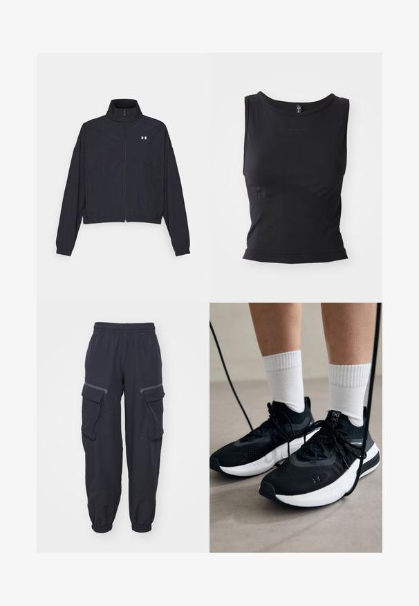 Černá zipová bunda s vysokým límcem, elastickými manžetami a lemem. Má hladkou texturu a malé bílé logo na hrudi.; Černý bezrukávový sportovní top vyrobený z hladkého materiálu, s kulatým výstřihem a přiléhavým siluetou s jemným logem.; Námořnické cargo kalhoty s elastickým pasem, disponující dvěma bočními kapsami a elastickými manžetami, vyrobené z jemné, texturované látky.; Černé sportovní boty s texturovanou tkaninou, bílou podrážkou a černými tkaničkami. Nosené s bílými žebrovanými ponožkami, stojící na světlém povrchu.