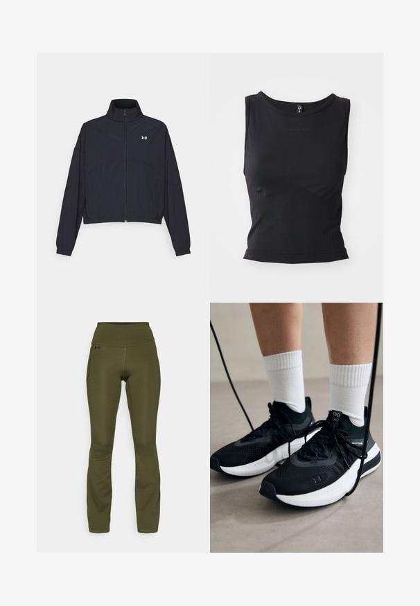 Veste noire zippée avec un col montant, des poignets et un ourlet élastiques. Presentant une texture lisse et un petit logo blanc sur la poitrine.; Haut sportif sans manches noir fabriqué à partir d'un tissu lisse, présentant un col rond et une silhouette ajustée avec un discret logo.; Leggings vert olive avec une taille haute, fabriqués en tissu extensible. Comprend une poche latérale et des coutures plates pour le confort et la flexibilité.; Chaussures de sport noires en tissu texturé, avec une semelle blanche et des lacets noirs. Portées avec des chaussettes blanches côtelées, debout sur une surface claire.
