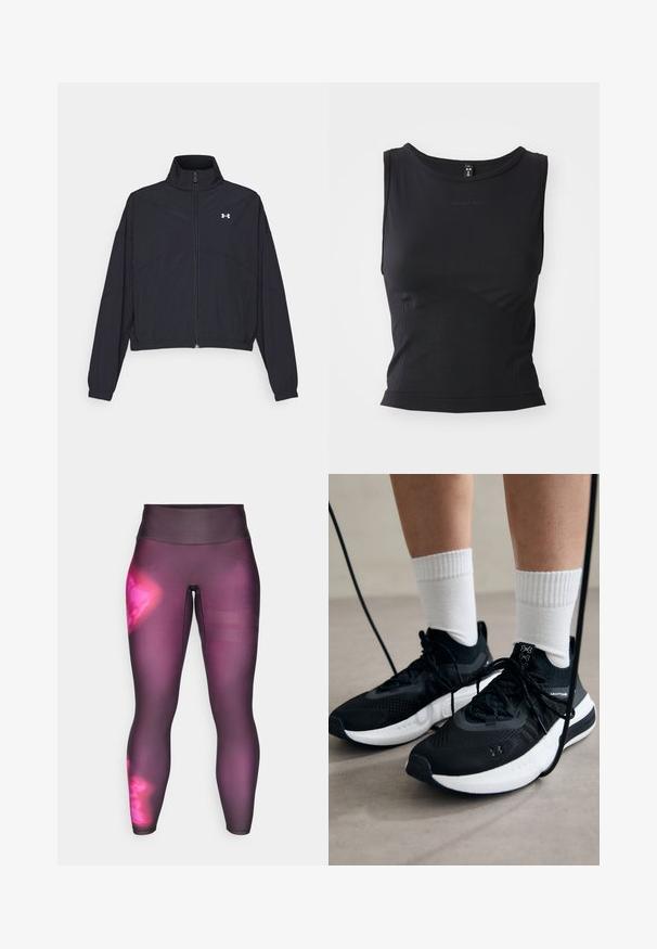 Black zip-up jacket with a high collar, elastic cuffs, and hem. Features a smooth texture and a small white logo on the chest.; Black sleeveless athletic top made from smooth fabric, featuring a rounded neckline and a fitted silhouette with subtle logo detailing.; Purple athletic leggings with a high waistband, featuring a gradient design and mesh stripes on the lower leg for ventilation.; Black athletic shoes with textured fabric, white sole, and black laces. Worn with white ribbed socks, standing on a light surface.