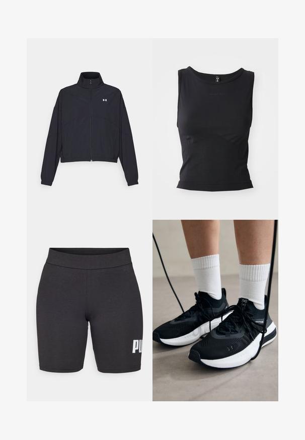 Giacca nera con zip e colletto alto, polsini e orlo elastici. Presenta una texture liscia e un piccolo logo bianco sul petto.; Top atletico senza maniche nero realizzato in tessuto morbido, con scollatura rotonda e una silhouette aderente con dettagli del logo discreti.; Pantaloni corti neri realizzati in materiale elasticizzato con vita alta, che presentano un logo bianco "PUMA" sulla parte bassa della gamba destra.; Scarpe sportive nere con tessuto testurizzato, suola bianca e lacci neri. Indossate con calzini bianchi a costine, in piedi su una superficie chiara.